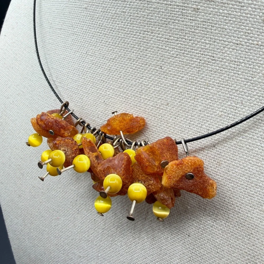 Amber Chip Bead Cluster Necklace Bohemian Statement Artisan Festival Gift